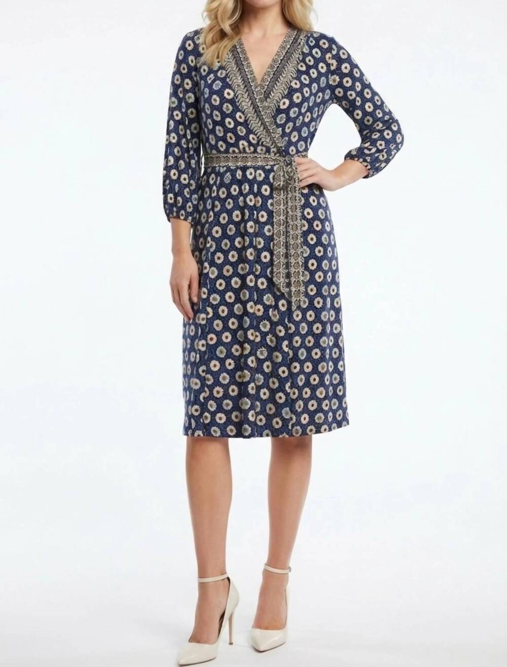 NEW SANDRA DARREN bohemian floral border print faux wrap midi dress in navy mult